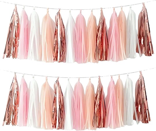 Greentek; 20-Pack Rose Gold, Peach & White Tassel Garland – Party Decorations for Birthday, Baby Shower & Wedding; Category:Banners; Image:1